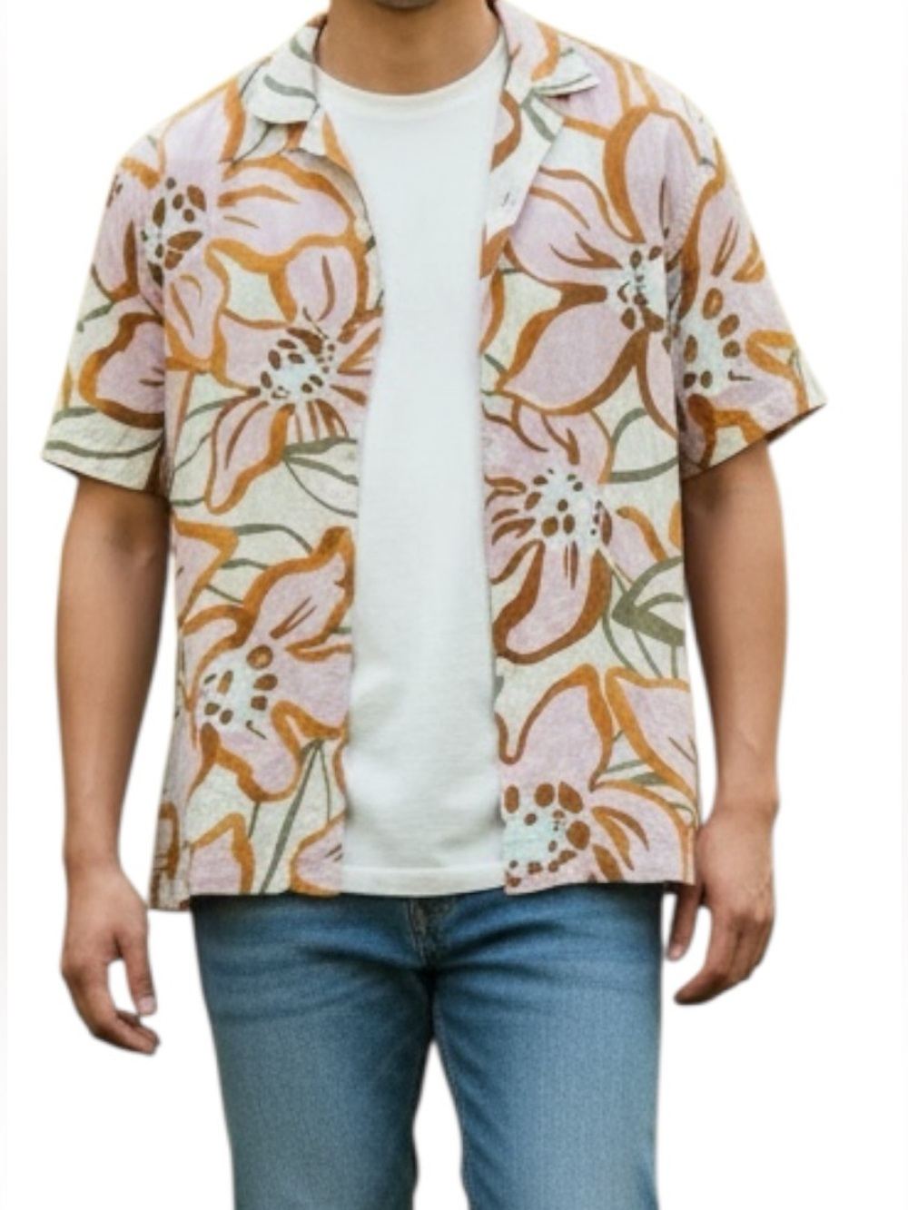 Zara Men's Floral Button Down Shirt Pink and Tan Size L